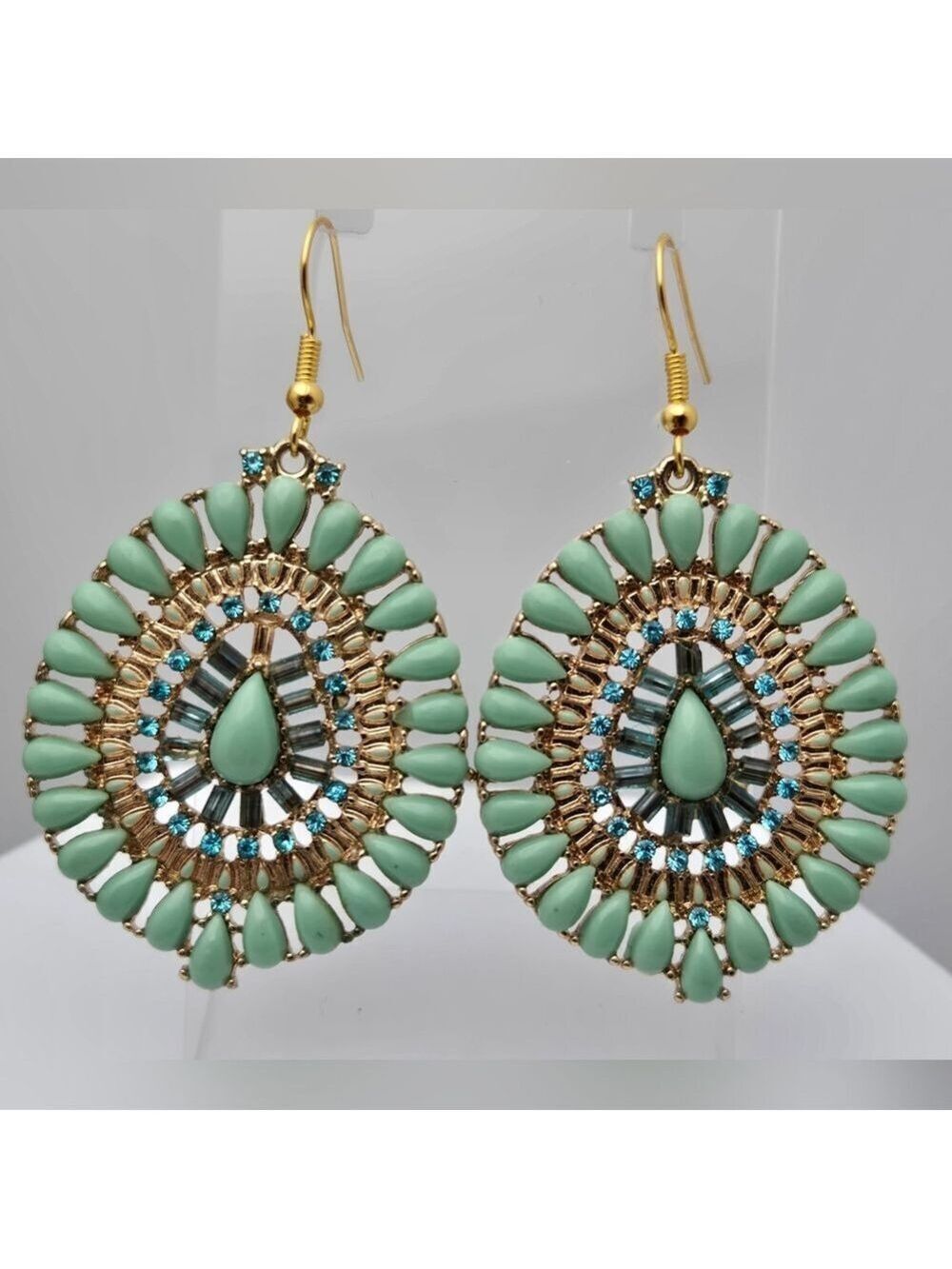 Mint Turquoise Crystal Beaded Dangle Earrings Sparkling Sage 2”